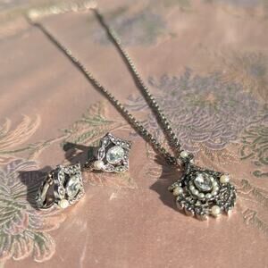 Silver Rhinestone Marcasite Art Deco Style Pendant Necklace & Earrings Set